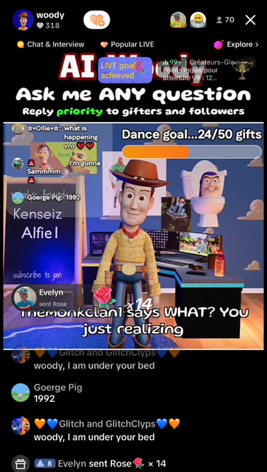 AI Woody hosting a TikTok Live stream, with chat and gifts coming in